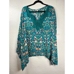 Pioneer Woman 2X Teal Floral Bird Crochet Lace Blouse Whimsy Peasant Cottagecore